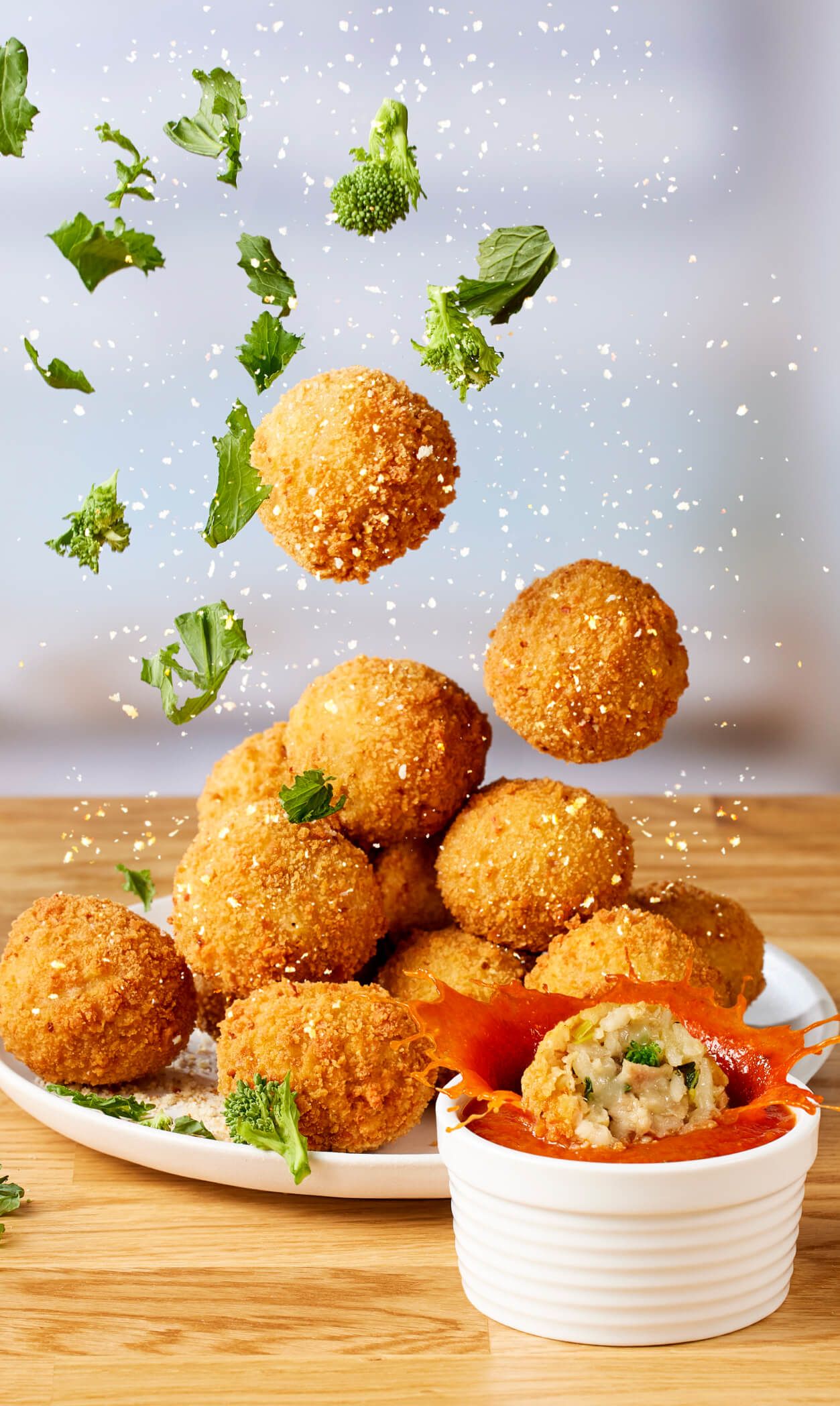 Quaker Steel Cut Arancini with herbs and sauce.